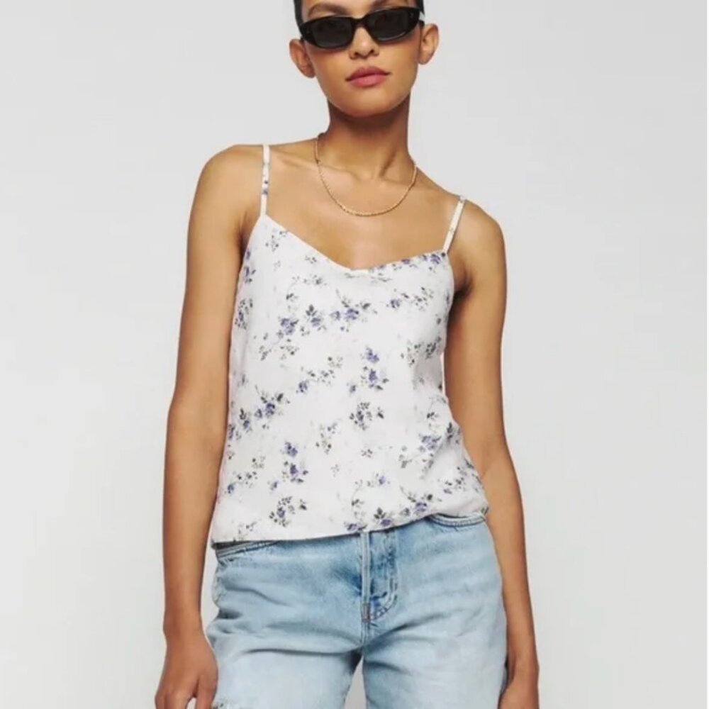 Reformation Andrea Top XL Floral Cami Blue & Ivory Sustainable Tank
